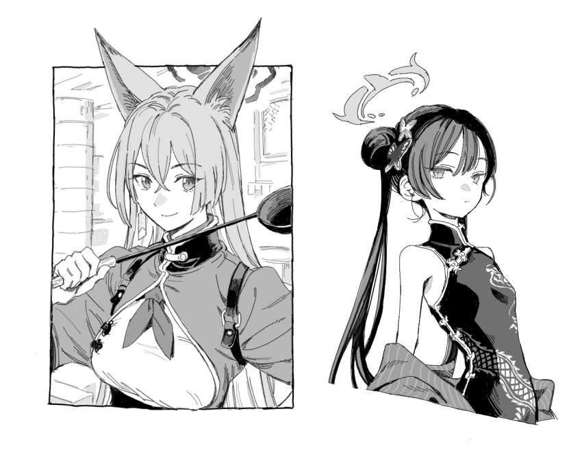 animal_ears blue_archive breasts butterfly_hair_ornament china_dress chinese_clothes closed_mouth coat crossed_bangs double_bun dress greyscale hair_between_eyes hair_bun hair_ornament halo hiro_(chumo) holding holding_ladle kisaki_(blue_archive) ladle large_breasts long_hair looking_at_viewer monochrome multiple_girls off_shoulder open_clothes open_coat rumi_(blue_archive) simple_background sleeveless sleeveless_dress upper_body