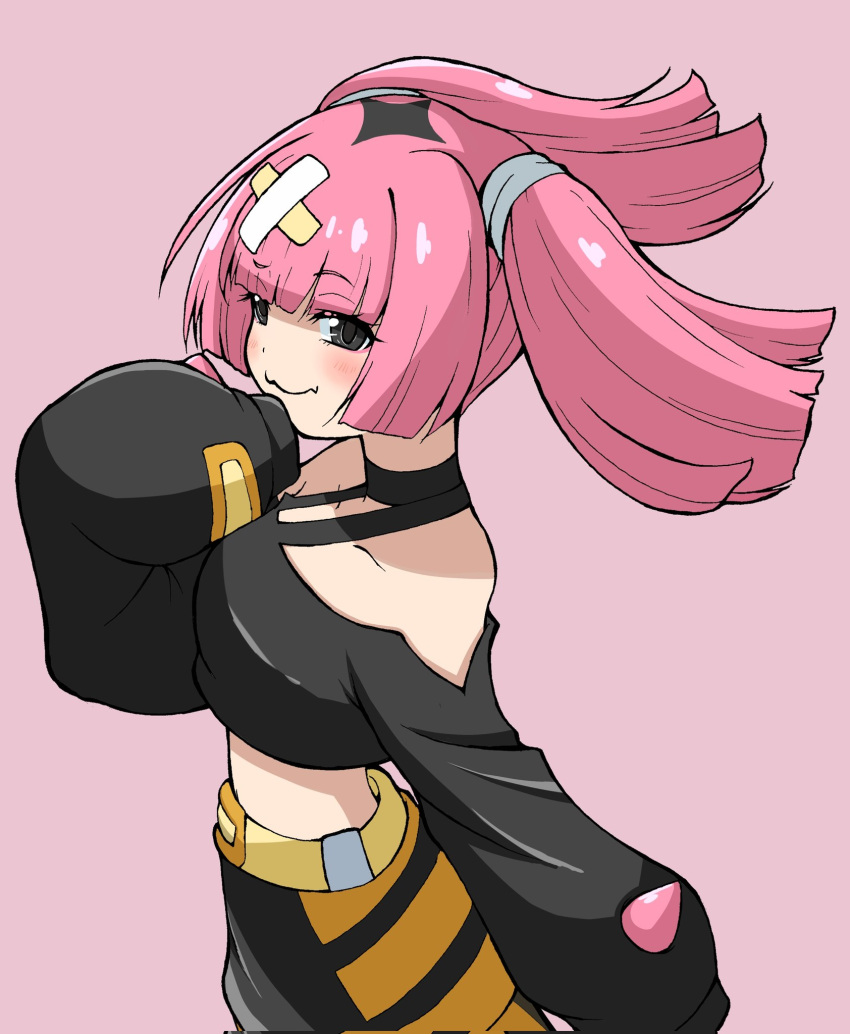 1girl :3 bare_shoulders belt black_eyes black_shirt blunt_bangs blush closed_mouth coral_(pokemon) cropped_shirt emapippi fang from_side highres long_hair long_sleeves looking_at_viewer midriff pink_background pink_hair pokemon pokemon_(anime) pokemon_horizons shirt skin_fang sleeves_past_fingers sleeves_past_wrists twintails yellow_belt