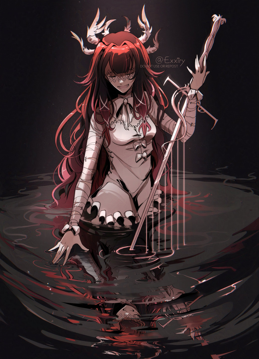 1girl absurdres blunt_bangs bow columbina_(genshin_impact) dress exxiry feathered_wings genshin_impact hair_over_eyes head_wings highres holding holding_sword holding_weapon long_hair red_hair reflection ripples shaded_face solo sword wading water wavy_hair weapon white_bow white_dress white_wings wings