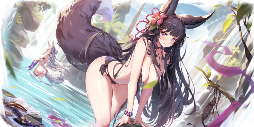 2girls animal_ears ass bikini black_bikini black_hair blue_eyes blush breasts convenient_censoring day erune flower fox_ears fox_tail granblue_fantasy hair_flower hair_ornament hibiscus large_breasts long_hair looking_at_viewer looking_back mitsu_(mitsu_art) multiple_girls navel outdoors purple_eyes red_flower smile societte_(granblue_fantasy) swimsuit tail topless unworn_bikini very_long_hair water waterfall weapon white_bikini white_hair yuel_(granblue_fantasy)