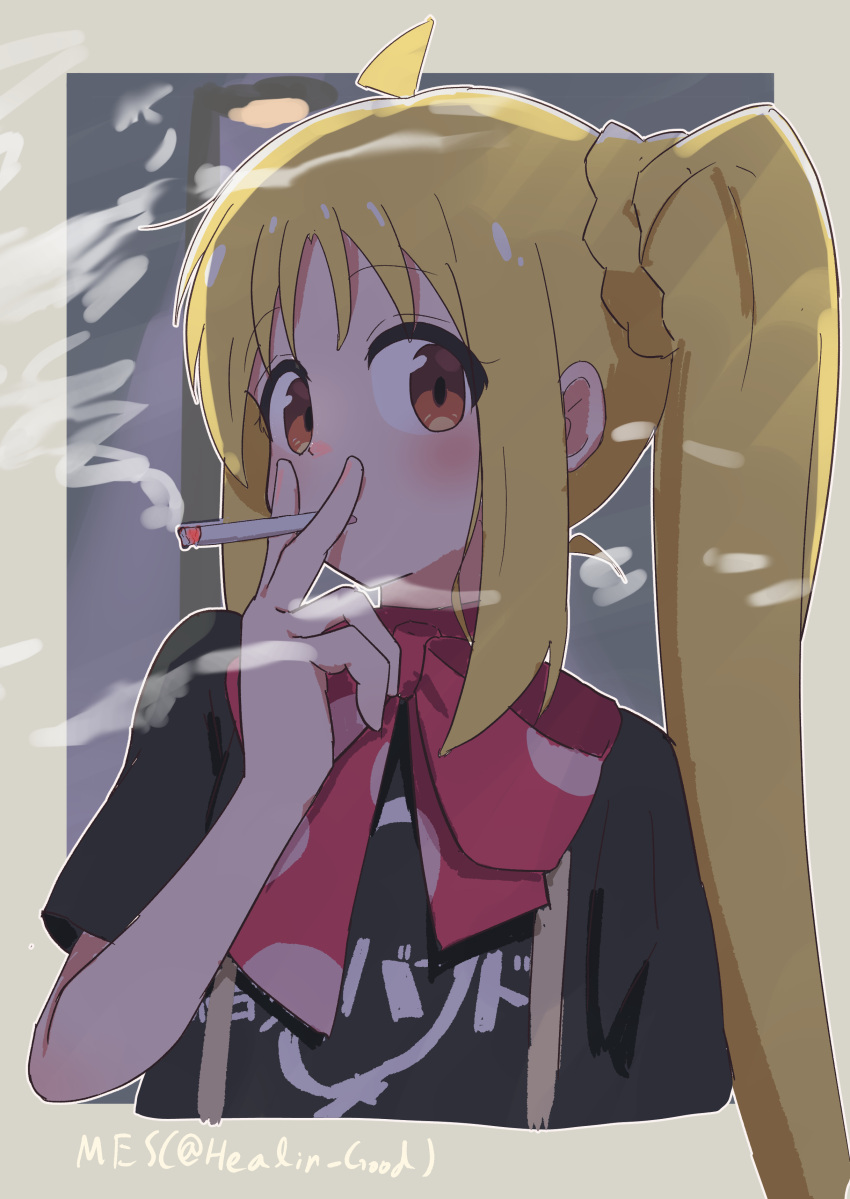 1girl absurdres ahoge artist_name black_shirt blonde_hair bocchi_the_rock! bow cigarette furugo-ri280 highres holding holding_cigarette ijichi_nijika long_hair looking_at_viewer looking_to_the_side one_side_up red_bow red_eyes shirt smoke smoking solo t-shirt