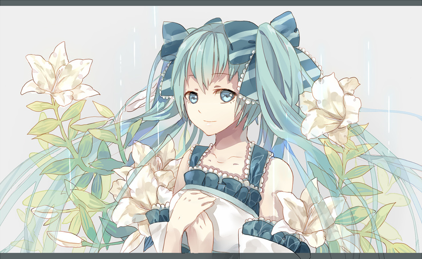 aqua_eyes aqua_hair bow detached_sleeves flower fre hair_bow hands_on_own_chest hatsune_miku highres letterboxed long_hair looking_at_viewer solo twintails vocaloid