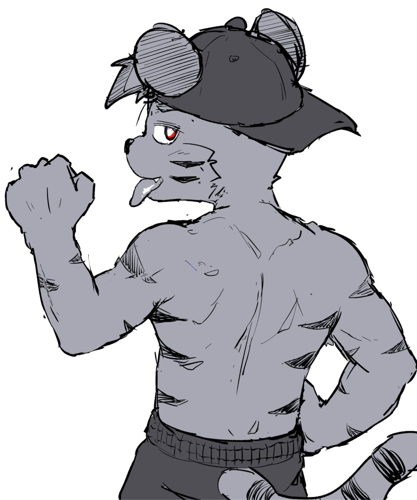 ahseo anthro back_muscles backwards_baseball_cap backwards_hat baseball_cap clothed clothing felid hat headgear headwear hi_res male mammal muscular muscular_male pantherine simple_background solo tiger tiger_boy_(latotabo) tongue tongue_out topless topless_male white_background