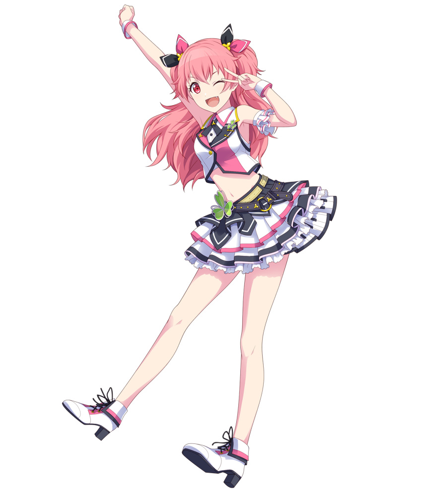 1girl :d bare_shoulders belt crop_top crossed_bangs fang frilled_skirt frills full_body highres looking_at_viewer midriff momoi_airi navel non-web_source official_art one_eye_closed pink_eyes pink_hair project_sekai skirt sleeveless smile solo tachi-e transparent_background two_side_up v_over_eye white_footwear wrist_cuffs