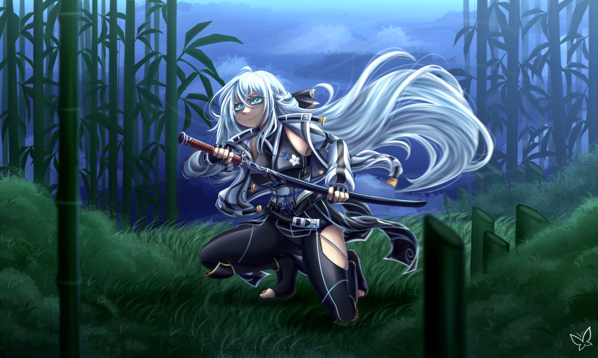 1girl absurdres bamboo bamboo_forest blue_eyes coat commission double-parted_bangs eiyuu_densetsu floating_hair forest full_body hair_between_eyes hajimari_no_kiseki half_updo highres holding holding_sword holding_weapon kuro_no_kiseki long_hair nature open_clothes open_coat sandals shizuna_rem_misurugi solo sword trollkastelll weapon white_hair