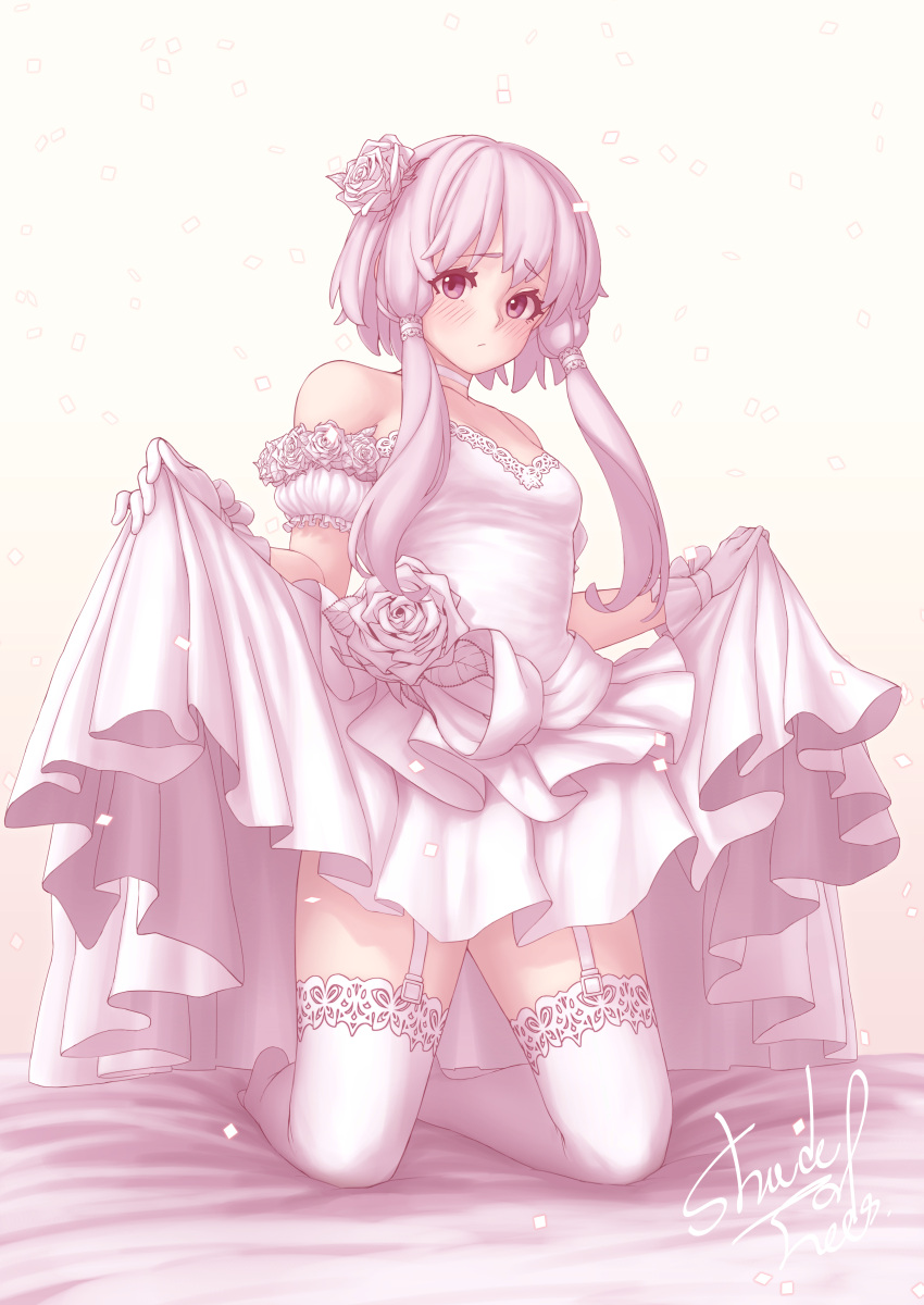 1girl absurdres alternate_costume bare_shoulders blush breasts brown_background closed_mouth confetti detached_sleeves dress dress_flower flower full_body garter_straps gloves hair_flower hair_ornament highres kneeling lace-trimmed_legwear lace_trim long_hair looking_at_viewer medium_breasts puffy_short_sleeves puffy_sleeves purple_eyes purple_hair rose shade_of_trees short_hair_with_long_locks short_sleeves sidelocks signature simple_background skirt_hold solo strapless strapless_dress thighhighs vocaloid voiceroid wedding_dress white_dress white_flower white_gloves white_rose white_thighhighs yuzuki_yukari