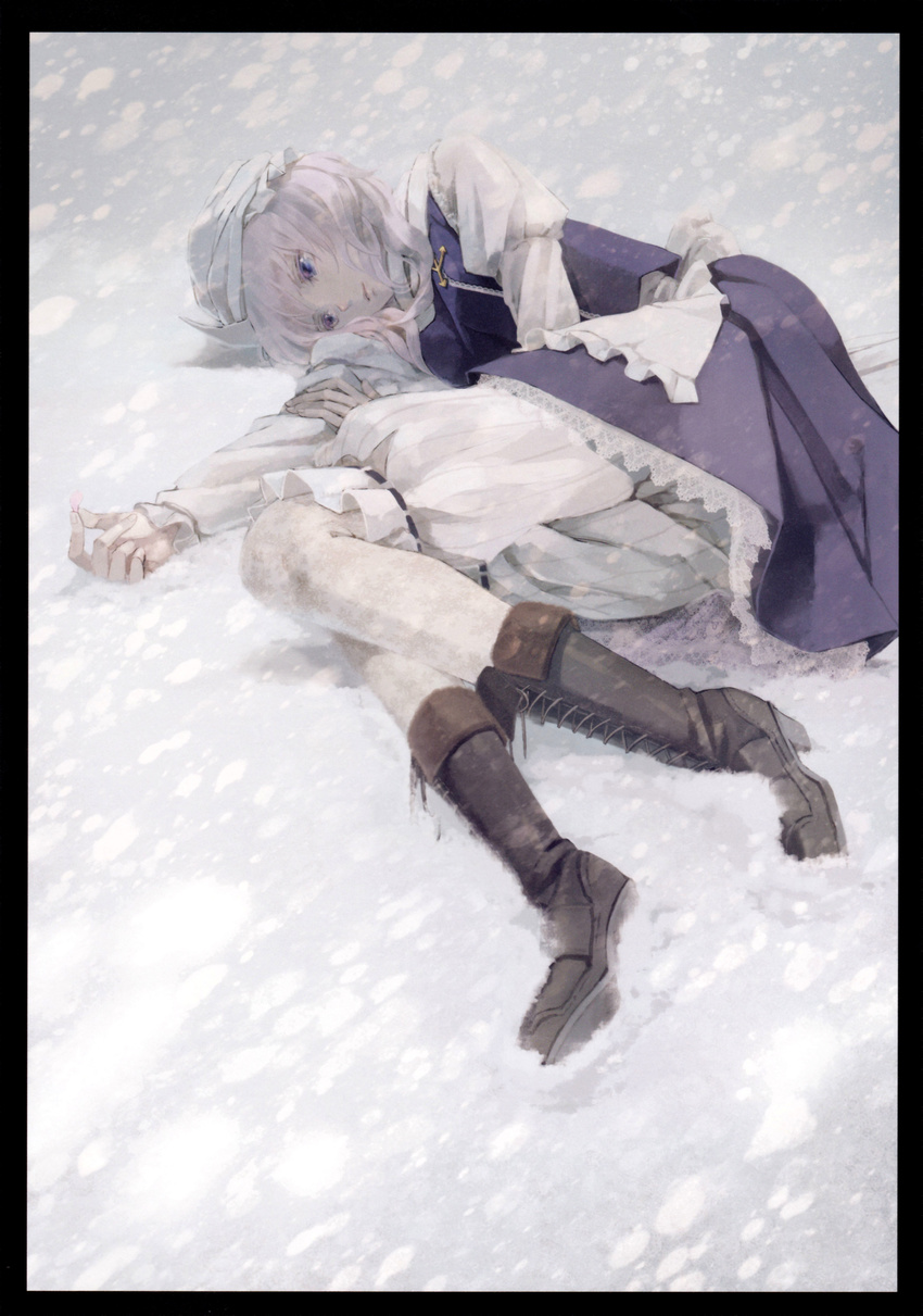absurdres apron black_border bloomers blue_eyes boots border cross-laced_footwear dress hat highres letty_whiterock long_sleeves lying miyuki_ruria on_side petals puffy_sleeves scan short_hair snow snowing socks solo touhou underwear white_hair