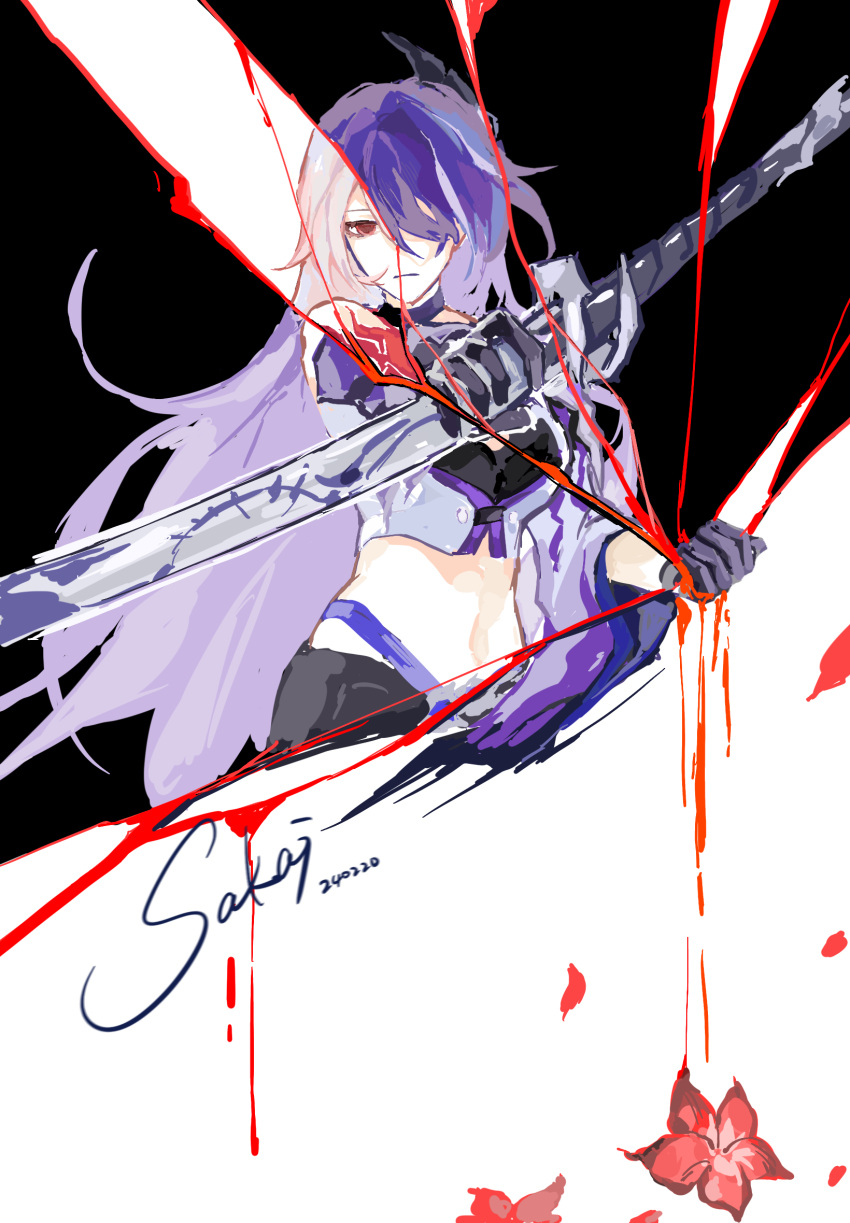 1girl acheron_(honkai:_star_rail) black_gloves commentary_request crop_top gloves hair_over_one_eye highres holding holding_sword holding_weapon honkai:_star_rail honkai_(series) katana looking_at_viewer midriff navel purple_hair red_eyes scabbard shahai sheath sheathed signature solo stomach sword upper_body weapon white_hair