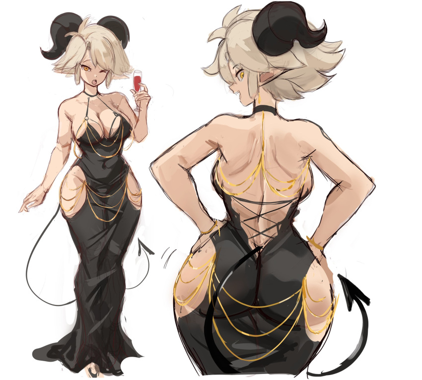 1girl alcohol ass backboob black_dress black_horns breasts champagne_flute cleavage collage commentary cup demon_tail dress drinking_glass english_commentary grey_hair hands_on_own_hips highres hip_vent horns large_breasts long_dress long_pointy_ears modakawa_dress no_bra no_panties one_eye_closed original pointy_ears rakeemspoon revealing_clothes short_hair solo spaghetti_strap standing susan_(rakeemspoon) tail wide_hips yellow_eyes