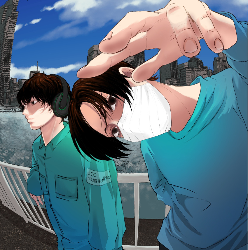 aqua_shirt black_eyes black_hair building day fisheye hand_up headphones highres long_sleeves male_focus mask mouth_mask outdoors railing sakamoto_days seba_mafuyu shirt short_hair skyscraper toca yotsumura_amane