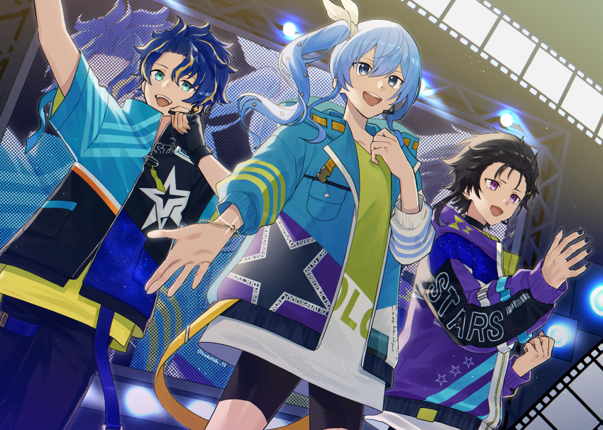 1girl 2boys arm_up astel_leda black_choker black_hair black_shorts blonde_hair blue_eyes blue_hair choker cinema_(vocaloid) commentary concert film_strip fingerless_gloves from_below gloves green_eyes hair_slicked_back headset highres hololive holostars hood hooded_jacket hoodie hoshimachi_suisei jacket kanade_izuru light_blue_hair light_particles long_hair multicolored_hair multiple_boys music nail_polish open_clothes open_jacket open_mouth purple_eyes rozu_ki short_hair shorts side_ponytail singing stage_lights standing star_(symbol) strap streaked_hair teeth two-tone_hair upper_body upper_teeth_only virtual_youtuber