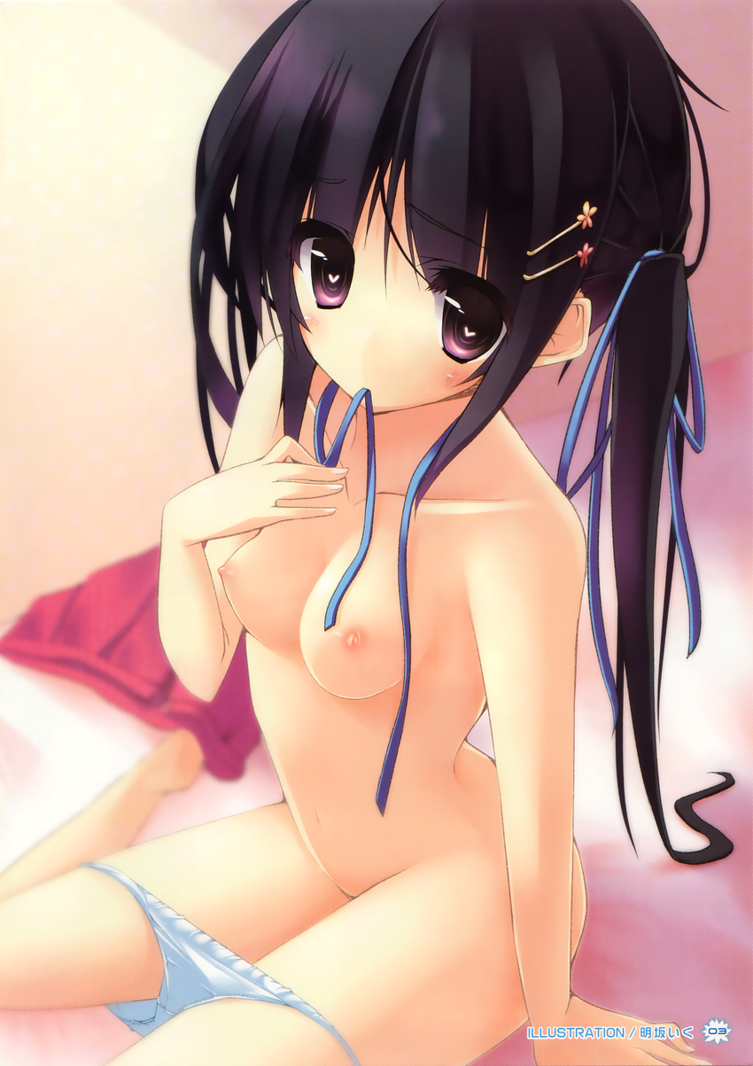 absurdres akesaka_iku arm_support artist_name bangs barefoot bed black_hair blurry breasts depth_of_field from_side groin hair_ornament hair_ribbon hairclip hand_on_own_chest heart heart-shaped_pupils highres indoors long_hair mouth_hold nanamori_kurumi nipples on_bed open_clothes open_skirt page_number panties panty_pull petite pleated_skirt purple_eyes red_skirt ribbon ribbon_in_mouth scan sidelocks sitting skirt skirt_removed small_breasts symbol-shaped_pupils topless twintails underwear underwear_only untied very_long_hair wariza white_panties yumekoi