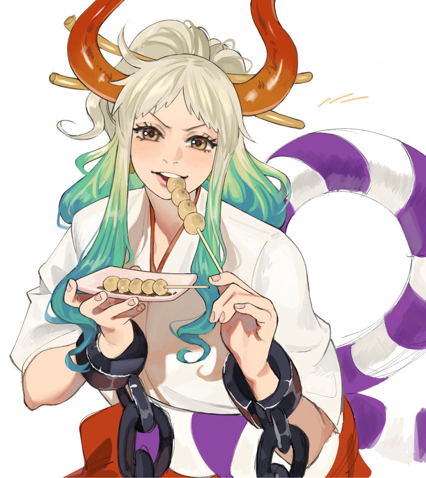 1girl absurdres aqua_hair chain commentary dango eating eyelashes food gradient_hair hair_ornament hair_stick highres horns iago_fn long_hair looking_at_viewer multicolored_hair one_piece open_mouth simple_background smile solo v-shaped_eyebrows wagashi white_background white_hair yamato_(one_piece) yellow_eyes