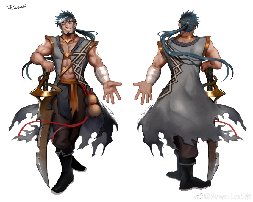 1boy absurdres bara bare_shoulders beard facial_hair from_behind full_beard full_body gold gourd greatsword grin highres male_focus mature_male multiple_views muscular muscular_male mutton_chops original outstretched_hand pectoral_cleavage pectorals planted powerlesssong sleeveless smile standing striped_clothes sword tachi-e thick_eyebrows weapon white_background