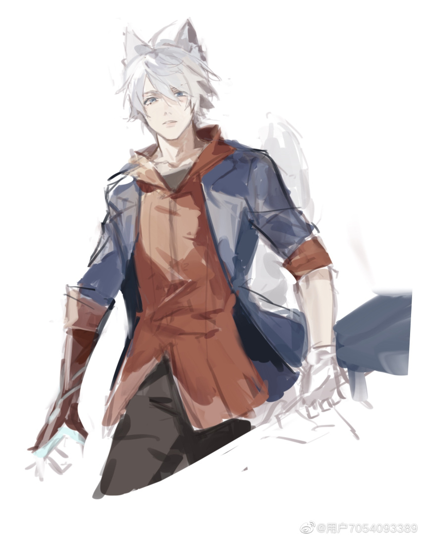 1boy blue_eyes cat_boy devil_may_cry_(series) highres holding hood kemonomimi_mode looking_at_viewer male_focus mechanical_arms nero_(devil_may_cry) simple_background solo weibo_7054093389 white_background white_hair