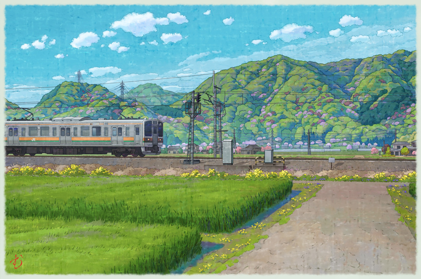 artist_name blue_sky bush cloud commentary_request day east_japan_railway_company field forest grass hill house mountain mugumo_24k nature no_humans original outdoors overhead_line power_lines revision road scenery signature sky tochigi_prefecture train transmission_tower utility_pole village
