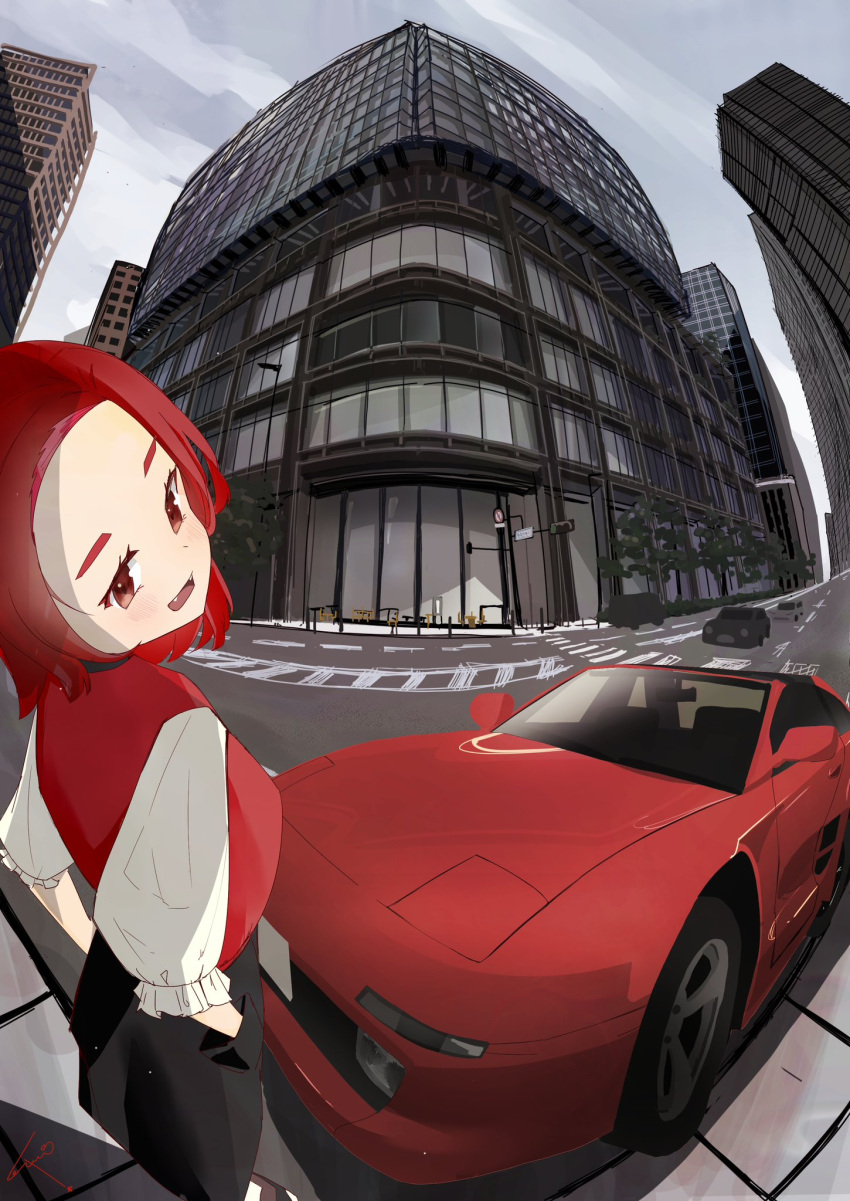 1girl black_pants blush breasts brown_eyes car city fang fangs fisheye forehead hands_in_pockets head_tilt highres medium_breasts motor_vehicle open_mouth original pants red_hair red_shirt shirt smile solo sports_car torepon toyota_mr2 toyota_mr2_sw20 white_sleeves