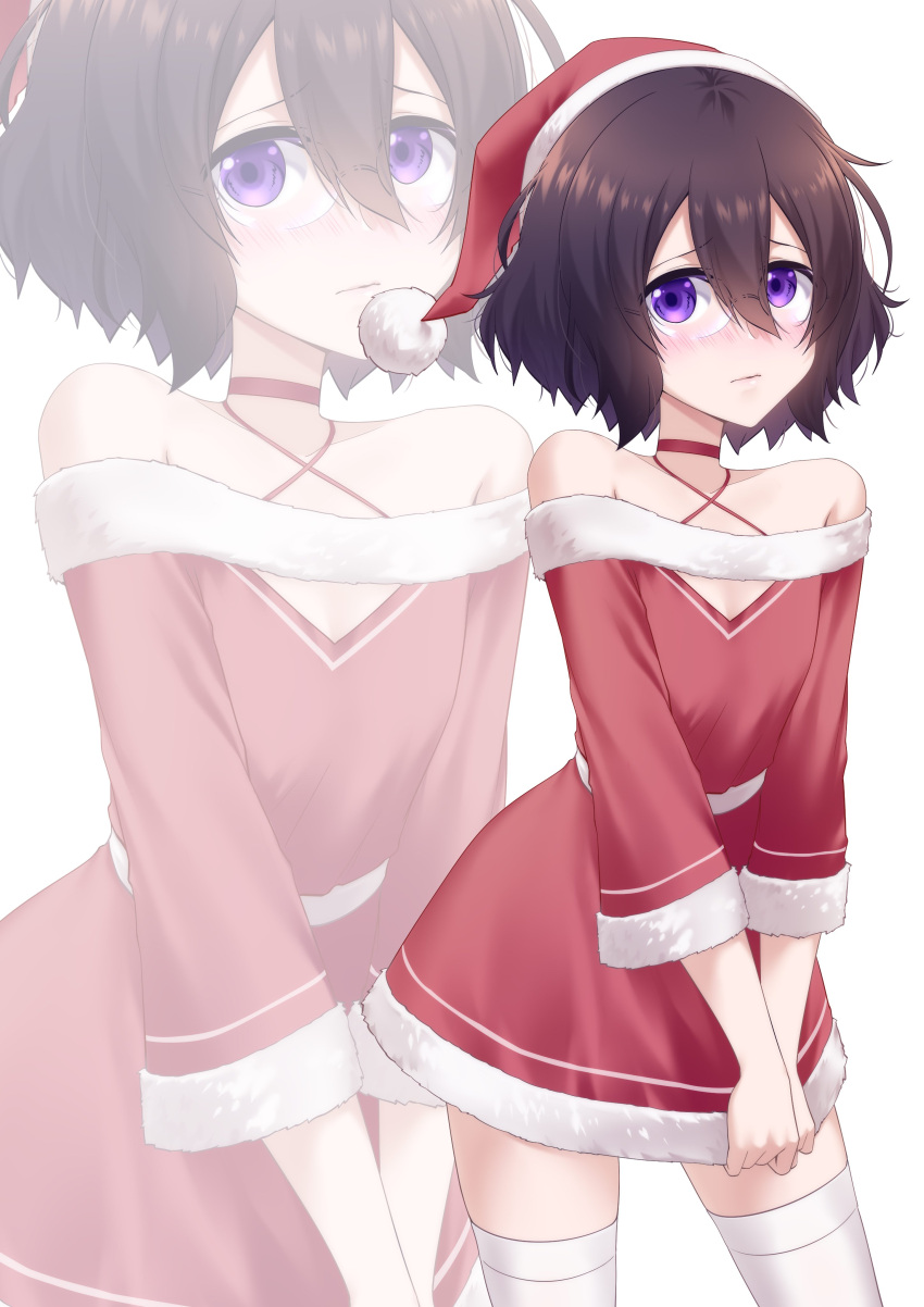 1girl absurdres bare_shoulders brown_hair closed_mouth dress hat highres levana_violette_(lusan666) long_sleeves lusan666 original purple_eyes santa_dress santa_hat solo thighhighs white_thighhighs zoom_layer