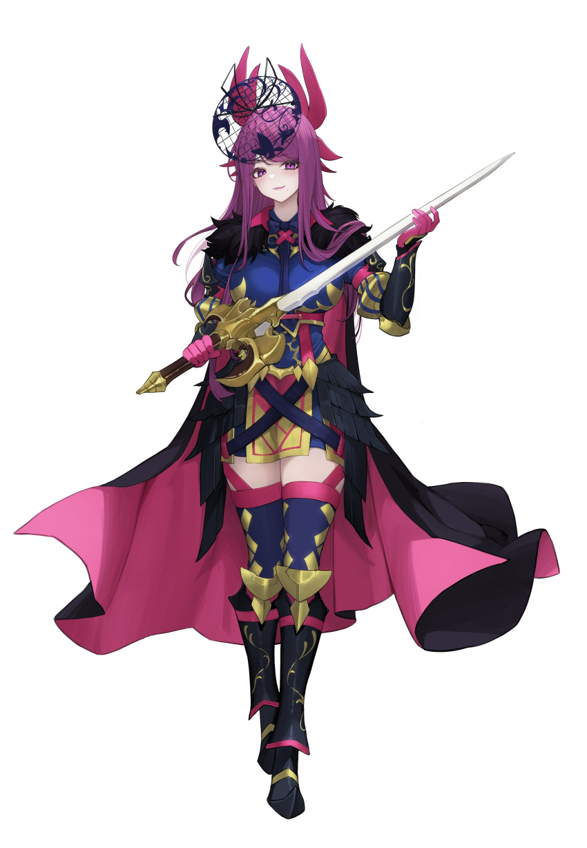 absurdres alear_(female)_(fire_emblem) alear_(fire_emblem) armor cape cosplau fire_emblem fire_emblem_engage full_body highres ivy_(fire_emblem) purple_eyes purple_hair ritence see-through_headwear smile sword weapon