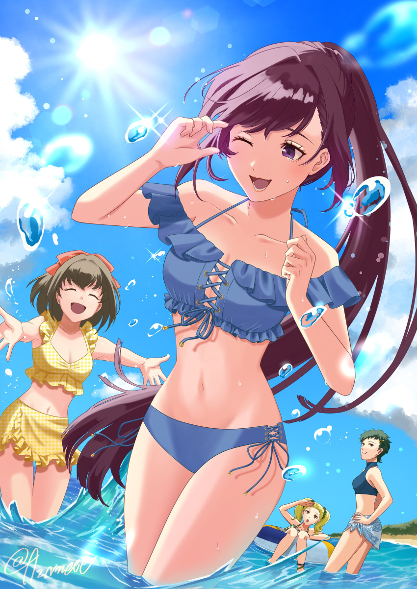 4girls absurdres ayase_yuka aznmeee black_hair blonde_hair breasts brown_hair cleavage cloud hair_ornament hairclip highres innertube kirishima_eriko long_hair mayuzumi_yukino multiple_girls one_eye_closed open_mouth persona persona_1 ponytail purple_eyes short_hair smile sonomura_maki swim_ring swimsuit twintails very_short_hair