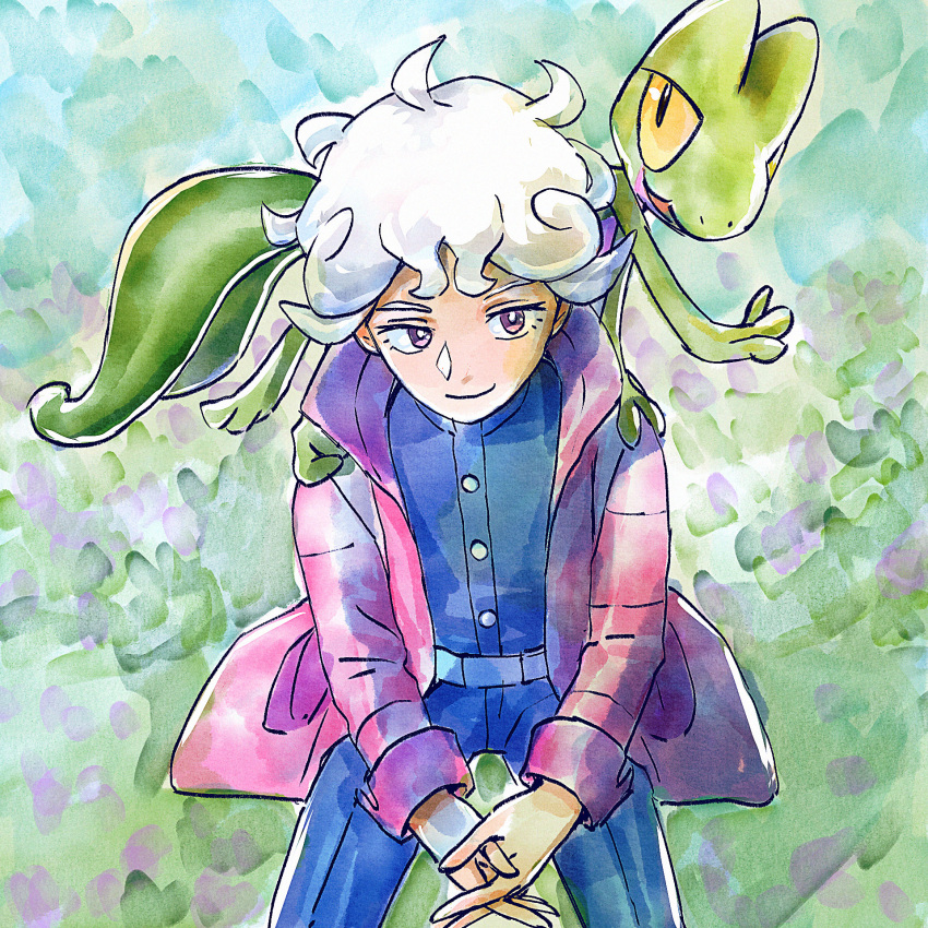 1boy bede_(pokemon) belt blue_jacket blue_pants bright_pupils buttons closed_mouth coat commentary curly_hair go-lurk highres jacket male_focus own_hands_together pants pink_coat pokemon pokemon_(creature) pokemon_on_back pokemon_swsh purple_eyes short_hair smile treecko white_hair white_pupils