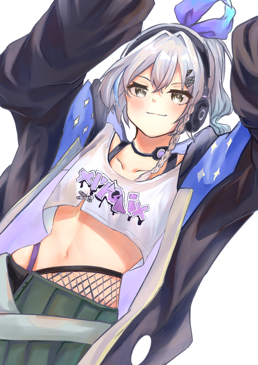 1girl black_jacket black_shorts bow braid breasts closed_mouth fishnets grey_eyes grey_hair hair_between_eyes hair_ornament hairclip hand_out_of_frame headset highres honkai:_star_rail honkai_(series) ikamayo jacket long_hair looking_at_viewer multicolored_hair navel ponytail shirt shorts silver_wolf_(honkai:_star_rail) smile solo streaked_hair white_shirt