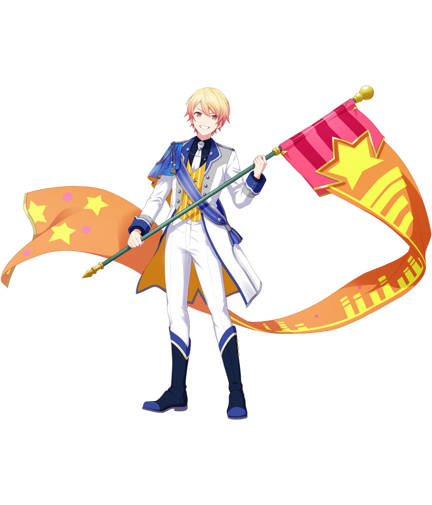 1boy black_shirt blonde_hair blue_footwear boots coat flag full_body gradient_hair grin highres holding holding_flag looking_at_viewer male_focus multicolored_hair necktie non-web_source official_art orange_eyes orange_vest pants project_sekai red_hair shirt short_hair smile solo striped_clothes striped_vest tachi-e tenma_tsukasa transparent_background vest white_coat white_necktie white_pants