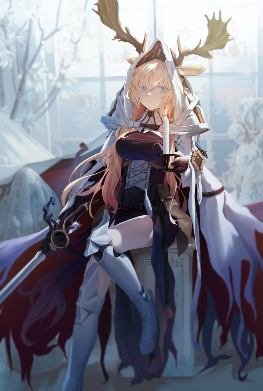 animal_ears antlers antlers_through_headwear antlers_through_hood arknights armored_boots blonde_hair blue_eyes boots candle cape cloak deer_antlers deer_ears deer_girl dress ears_through_headwear ears_through_hood highres holding holding_candle holding_sword holding_weapon hood hood_up hooded_cape horns implied_extra_ears long_hair open_cloak open_clothes sword viviana_(arknights) weapon white_cape white_hood window youmou