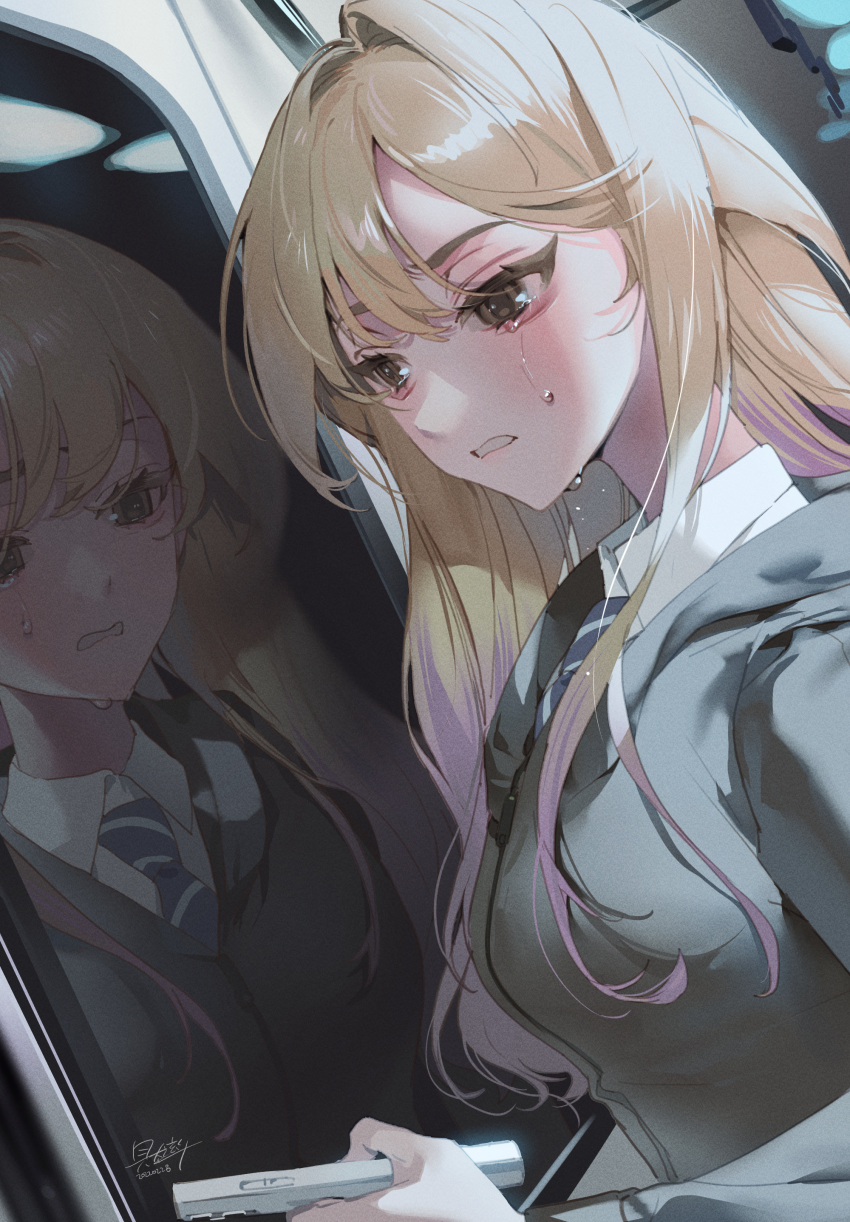 1girl absurdres baekryang bags_under_eyes blonde_hair brown_eyes collared_shirt crying crying_with_eyes_open dated hair_intakes highres hood hoodie long_hair necktie original parted_lips reflection sad school_uniform shirt signature solo swept_bangs tears upper_body window