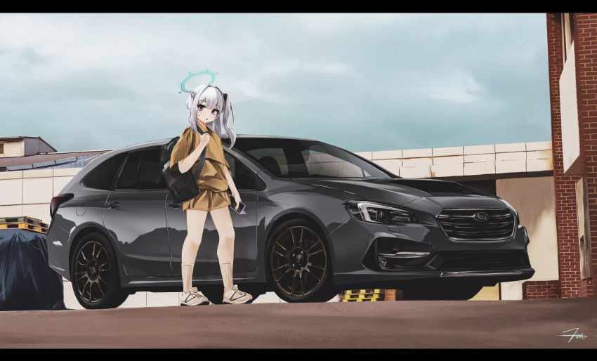 1girl :o bag blue_archive brown_shirt brown_shorts car cargo_pallet cellphone duffel_bag grey_eyes grey_hair hair_intakes halo highres holding holding_phone letterboxed long_hair miyako_(blue_archive) motor_vehicle nougat_(73r1r1) one_side_up phone shirt shoes shorts signature smartphone sneakers socks solo subaru_(brand) subaru_impreza vehicle_focus white_footwear white_socks