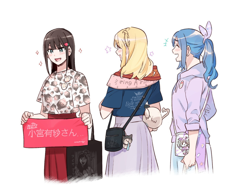 3girls bag black_hair blonde_hair blue_eyes blue_hair blue_shirt closed_eyes commentary_request food-themed_hair_ornament hair_ornament hair_ribbon highres holding holding_bag hood hoodie komiya_arisa kurosawa_dia long_hair love_live! love_live!_sunshine!! matsuura_kanan mole mole_under_eye multiple_girls ohara_mari open_mouth pito_(sh02327) pleated_skirt ponytail print_shirt purple_hoodie purple_ribbon purple_skirt real_life red_skirt ribbon shirt short_sleeves shoulder_bag skirt smile sparkle star_(symbol) strawberry_hair_ornament translation_request white_shirt