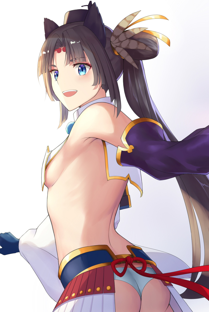 1girl absurdres armor armpit_crease ass asymmetrical_sleeves black_hair black_hat blue_eyes blue_gloves blue_panties breast_curtains breasts chinese_commentary commentary_request detached_sleeves fate/grand_order fate_(series) feathers from_behind gloves hat highres japanese_armor kojo_(0124) kusazuri long_hair looking_at_viewer looking_back mismatched_sleeves open_mouth panties photoshop_(medium) pom_pom_(clothes) purple_sleeves revealing_clothes revision shoulder_armor showgirl_skirt side_ponytail sideboob small_breasts smile sode solo tate_eboshi teeth twisted_torso underwear upper_teeth_only ushiwakamaru_(fate) very_long_hair white_sleeves