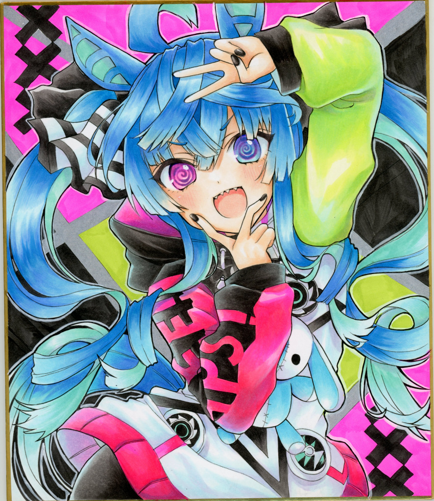 1girl :d @_@ absurdres ahoge airi_(akamichiaika) animal_ears aqua_hair arm_up black_nails blue_eyes blue_hair blush bow commentary crossed_bangs double_v drawstring hair_between_eyes hair_bow hand_up heterochromia highres hood hoodie horse_ears horse_girl horse_tail long_hair long_sleeves looking_at_viewer marker_(medium) multicolored_background multicolored_clothes multicolored_hair multicolored_hoodie nail_polish open_mouth purple_eyes sharp_teeth shikishi sidelocks smile solo striped_bow stuffed_animal stuffed_rabbit stuffed_toy tail teeth traditional_media twin_turbo_(umamusume) twintails two-tone_hair umamusume upper_body upper_teeth_only v v-shaped_eyebrows v_over_head v_over_mouth