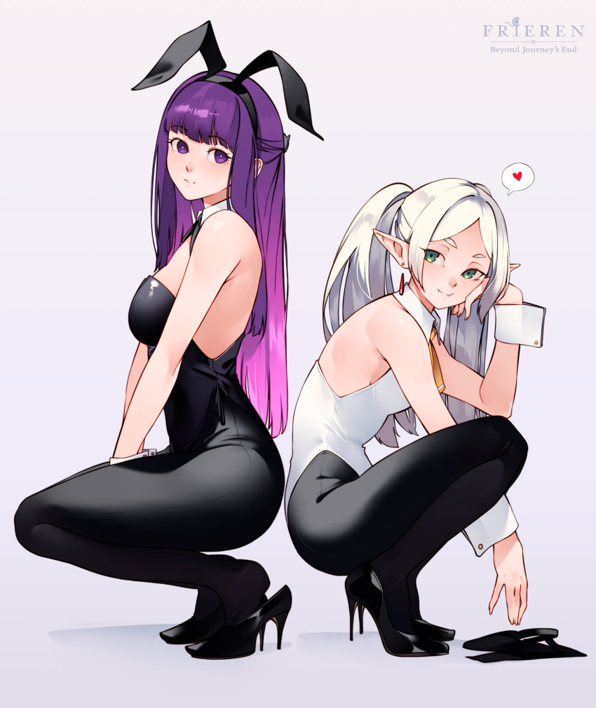 2girls animal_ears cesar_art456 detached_collar earrings fern_(sousou_no_frieren) frieren green_eyes high_heels highres jewelry long_hair looking_at_viewer multiple_girls necktie pantyhose playboy_bunny purple_eyes purple_hair rabbit_ears simple_background sousou_no_frieren squatting white_hair wrist_cuffs