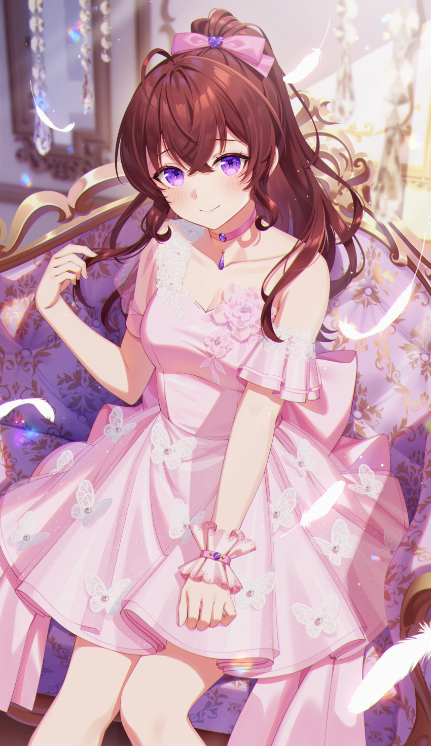 1girl absurdres blush bow breasts brown_hair bshi_edayo bug butterfly choker cleavage closed_mouth couch dress feathers hair_bow highres long_hair looking_at_viewer medium_breasts original pink_dress ponytail purple_eyes sitting smile wrist_cuffs