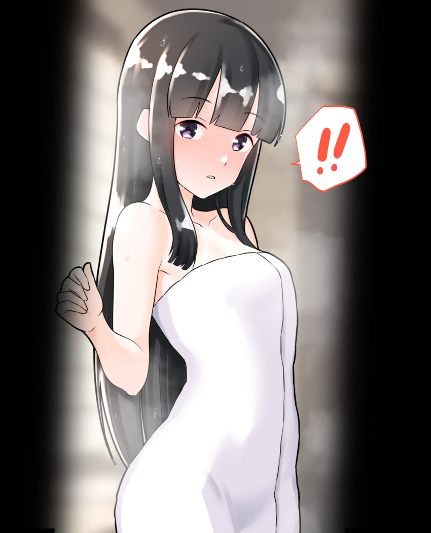 ! !! 1girl after_bathing black_hair blunt_bangs breasts furaggu_(frag_0416) hair_down highres kantai_collection kitakami_(kancolle) long_hair naked_towel pov_doorway purple_eyes small_breasts solo speech_bubble spoken_exclamation_mark standing towel very_long_hair white_towel