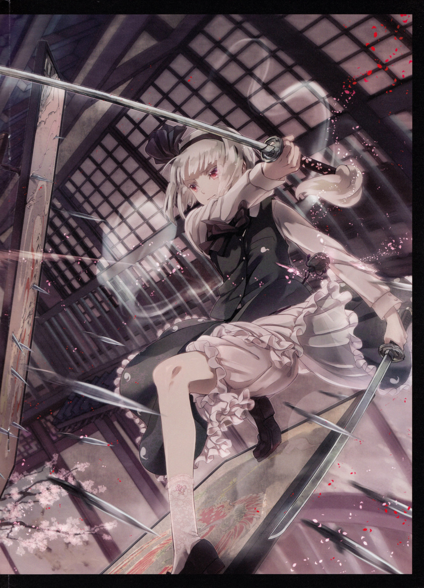 absurdres action albino architecture bangs black_border black_bow black_footwear blood bloomers border bow cherry_blossoms closed_mouth dual_wielding east_asian_architecture floral_print frills ghost hair_ribbon hairband highres hitodama holding holding_sword holding_weapon katana knife konpaku_youmu konpaku_youmu_(ghost) loafers long_sleeves miyuki_ruria motion_blur petals railing red_eyes ribbon scan shoes short_hair silver_hair skirt skirt_lift skirt_set sliding_doors socks solo sword throwing_knife torn_clothes touhou transparent tree underwear upskirt vest weapon