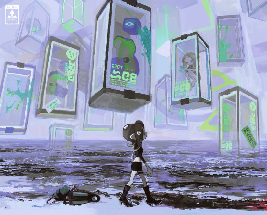 2girls agent_8_(splatoon) backpack bag barefoot black_eyes black_footwear black_shirt black_skirt boots colored_sclera crop_top finger_writing from_side full_body grey_eyes grey_hair grey_sclera highres long_hair looking_up multiple_girls ocean octarian_(enemy) octoling octoling_girl octoling_player_character octoshot_(splatoon) octotrooper paint_splatter pale_skin sanitized_(splatoon) shirt single_sleeve skirt splatoon_(series) splatoon_2 splatoon_2:_octo_expansion sticker suction_cups takokawayoi tank_(container) tentacle_hair thigh_strap unworn_backpack unworn_bag walking writing_on_wall