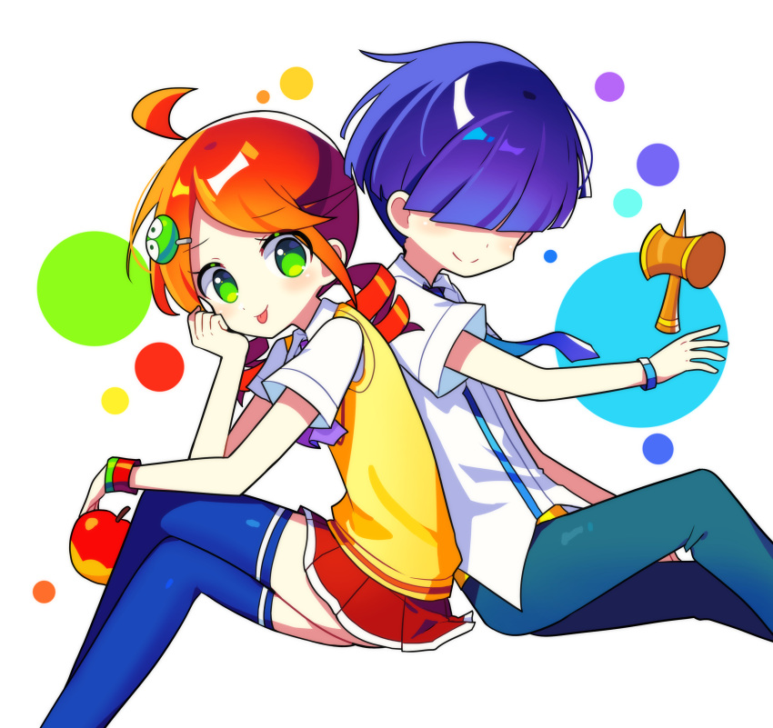 1boy 1girl absurdres ahoge andou_ringo apple blue_theme blush character_request closed_mouth collared_shirt crossed_legs drill_hair food fruit hair_ornament hair_over_eyes hairclip highres holding holding_food holding_fruit long_hair looking_at_viewer offbeat pleated_skirt puyopuyo red_hair red_skirt shirt short_hair short_sleeves skirt smile sweater_vest tongue tongue_out twin_drills white_shirt yellow_sweater_vest