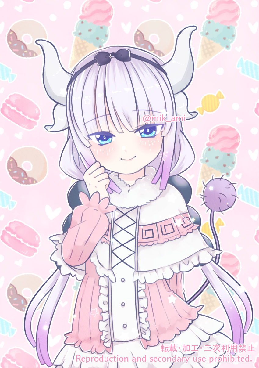 1girl absurdres arm_behind_back artist_name beads blue_eyes blush candy candy_wrapper cowboy_shot doughnut dragon_girl dragon_horns dress english_text food gradient_hair hair_beads hair_ornament heart highres horns ice_cream ice_cream_cone kanna_kamui kobayashi-san_chi_no_maidragon long_hair long_sleeves macaron mik_ami multicolored_hair outline pink_background pink_dress puffy_sleeves purple_hair smile solo sprinkles standing star_(symbol) tail white_outline wrapped_candy