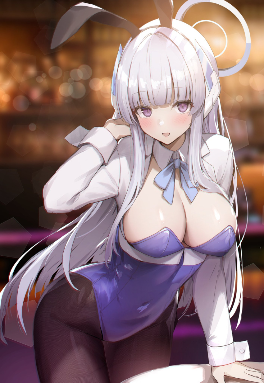 1girl alternate_costume animal_ears arm_support black_pantyhose blue_archive blue_bow blue_bowtie blue_leotard blurry blurry_background blush bokeh bow bowtie breasts commentary_request covered_navel cropped_jacket depth_of_field detached_collar fake_animal_ears grey_hair halo hand_in_own_hair headphones highleg highleg_leotard highres indoors jacket kagerou_(gigayasoma) large_breasts leaning_forward leotard long_hair long_sleeves looking_at_viewer noa_(blue_archive) open_mouth pantyhose playboy_bunny purple_eyes rabbit_ears smile solo very_long_hair white_jacket