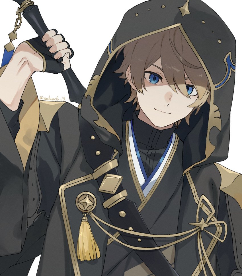 black_gloves blue_eyes fingerless_gloves gloves hair_between_eyes half_gloves highres holding holding_sword holding_weapon holostars hood hood_up japanese_clothes kishido_temma looking_at_viewer male_focus rozu_ki short_hair smile solo sword tassel twitter_username upper_body virtual_youtuber weapon weapon_on_back white_background