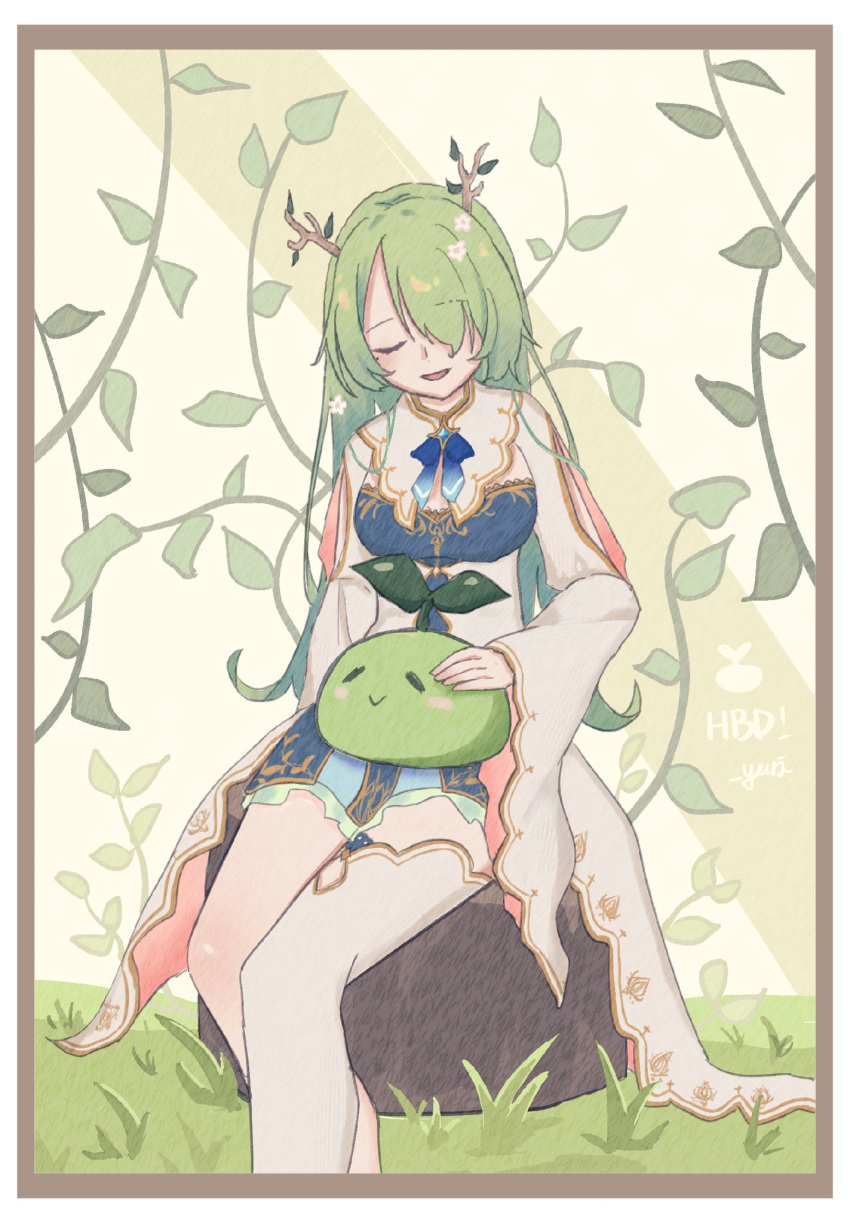 1girl antlers blue_ribbon blush border brown_border ceres_fauna ceres_fauna_(1st_costume) closed_eyes crossed_legs flower green_hair hair_flower hair_ornament happy_birthday highres hololive hololive_english horns open_mouth petting ribbon sapling_(ceres_fauna) signature sitting sitting_on_lap sitting_on_object sitting_on_person virtual_youtuber yryuri0808