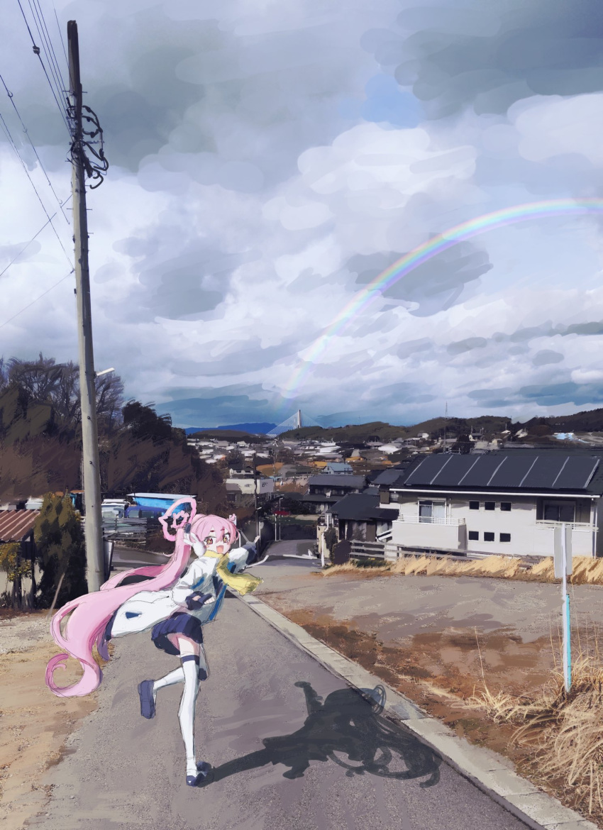 1girl black_gloves blue_archive brown_eyes building cloud cloudy_sky day earmuffs fang fingerless_gloves gloves halo highres koyuki_(blue_archive) long_hair miroir1120 open_mouth outdoors pink_hair pleated_skirt power_lines rabbit_earmuffs rainbow scarf scenery shadow skirt sky solo thighhighs twintails utility_pole very_long_hair white_thighhighs yellow_scarf