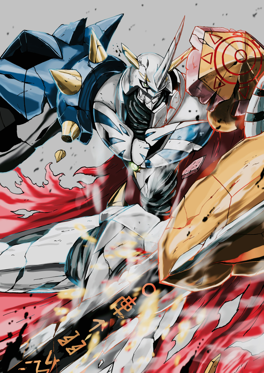 1boy absurdres arm_blade arm_cannon armor broken_armor broken_horn cape crack cracked_helmet digimon digimon_(creature) dust green_eyes grey_background highres horns light_particles motion_blur no_humans omegamon red_cape sawa_d shield shoulder_armor solo spikes steam sword torn_clothes weapon