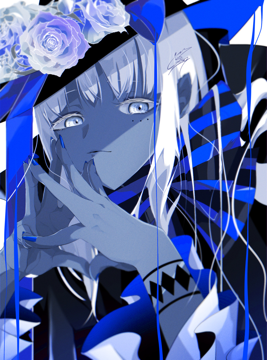 1girl blue_eyes blue_nails blue_theme colored_skin flower frilled_skirt frills goma_irasuto grey_skin hat highres long_hair looking_at_viewer nail_polish original rose skirt white_eyes white_flower white_hair white_rose white_theme witch