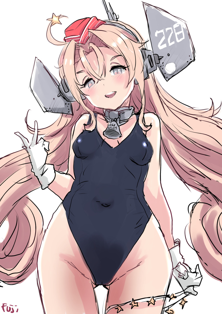 1girl ahoge bell black_one-piece_swimsuit blonde_hair breasts cameltoe cleft_of_venus covered_navel cowboy_shot drum_(kancolle) fuji_(pixiv24804665) garrison_cap gloves grey_eyes hair_ornament hair_rings hat headgear highleg highleg_swimsuit highres kantai_collection long_hair neck_bell one-piece_swimsuit open_mouth parted_bangs red_hat round_teeth simple_background small_breasts smile solo star_(symbol) star_hair_ornament swimsuit swimsuit_under_clothes teeth upper_teeth_only v white_background white_gloves