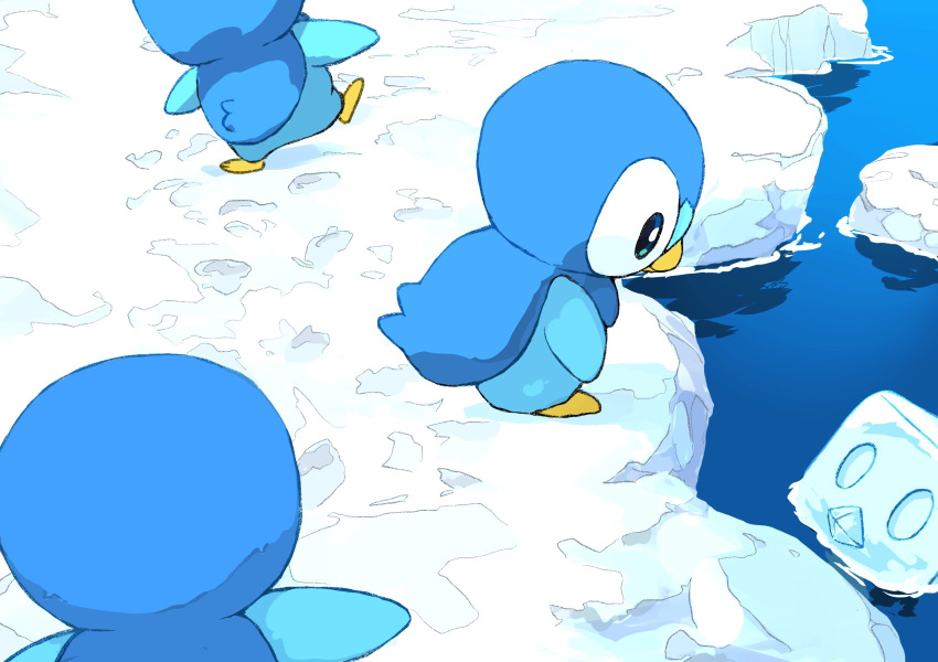 afloat animal_focus aomon_(yuuji7604) bird blue_skin colored_skin commentary_request eiscue eiscue_(ice) highres no_humans outdoors penguin piplup pokemon pokemon_(creature) snow walking water