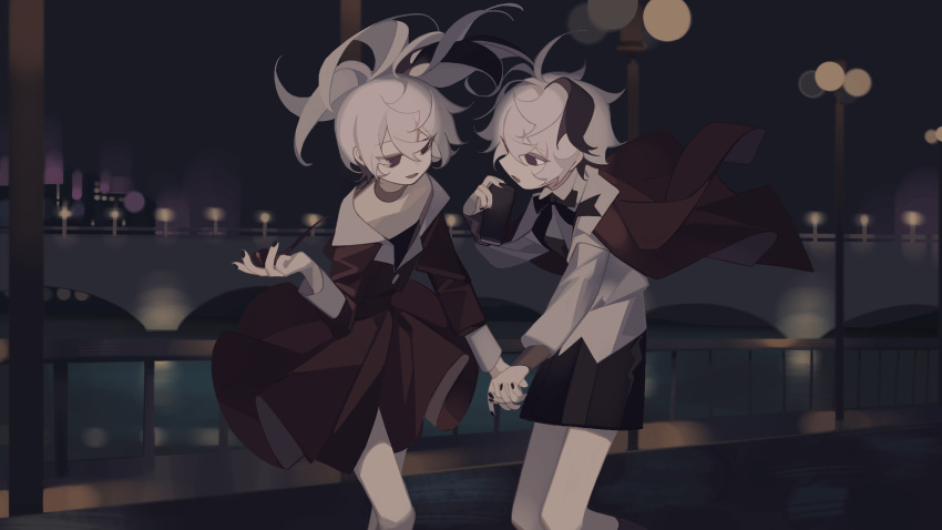 2girls :o black_cape black_choker black_dress black_hair black_nails black_ribbon black_skirt bridge can cape choker clone collared_dress collared_shirt dress drink_can eight-b flower_(vocaloid) flower_(vocaloid4) highres holding holding_can holding_hands holding_smoking_pipe lights looking_at_another multiple_girls open_mouth outdoors pleated_skirt ponytail purple_eyes ribbon shirt short_hair skirt smile smoking_pipe soda_can vocaloid water white_hair white_shirt