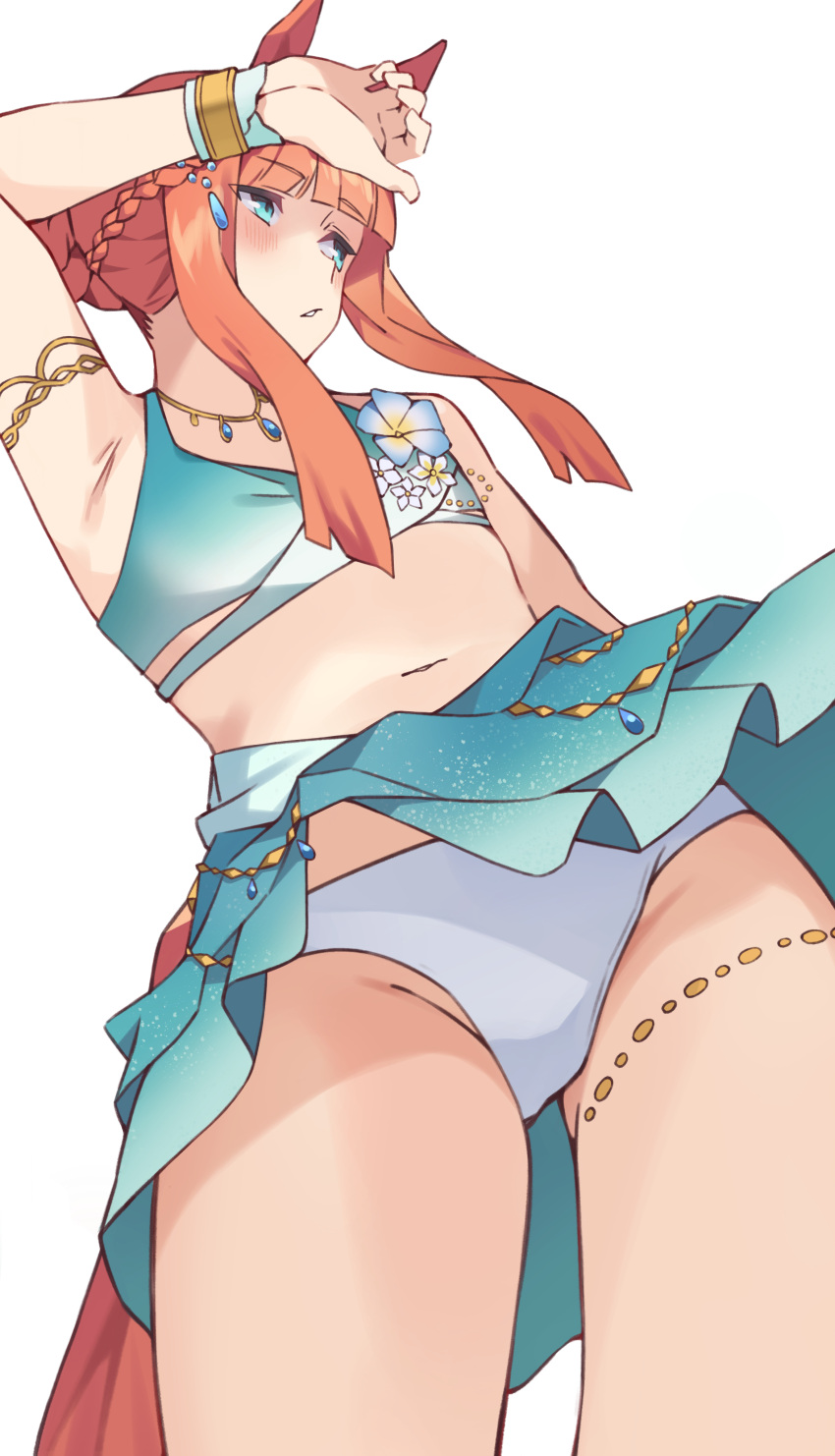 1girl absurdres animal_ears arm_up armlet armpits bare_shoulders bikini blue_eyes blunt_bangs blush bracelet breasts commentary_request cowboy_shot from_below highres horse_ears horse_girl horse_tail jewelry long_hair looking_to_the_side midriff navel orange_hair parted_lips pirukusu revision sarong silence_suzuka_(umamusume) simple_background small_breasts solo standing stomach swimsuit swimsuit_skirt tail thighs umamusume white_background white_bikini